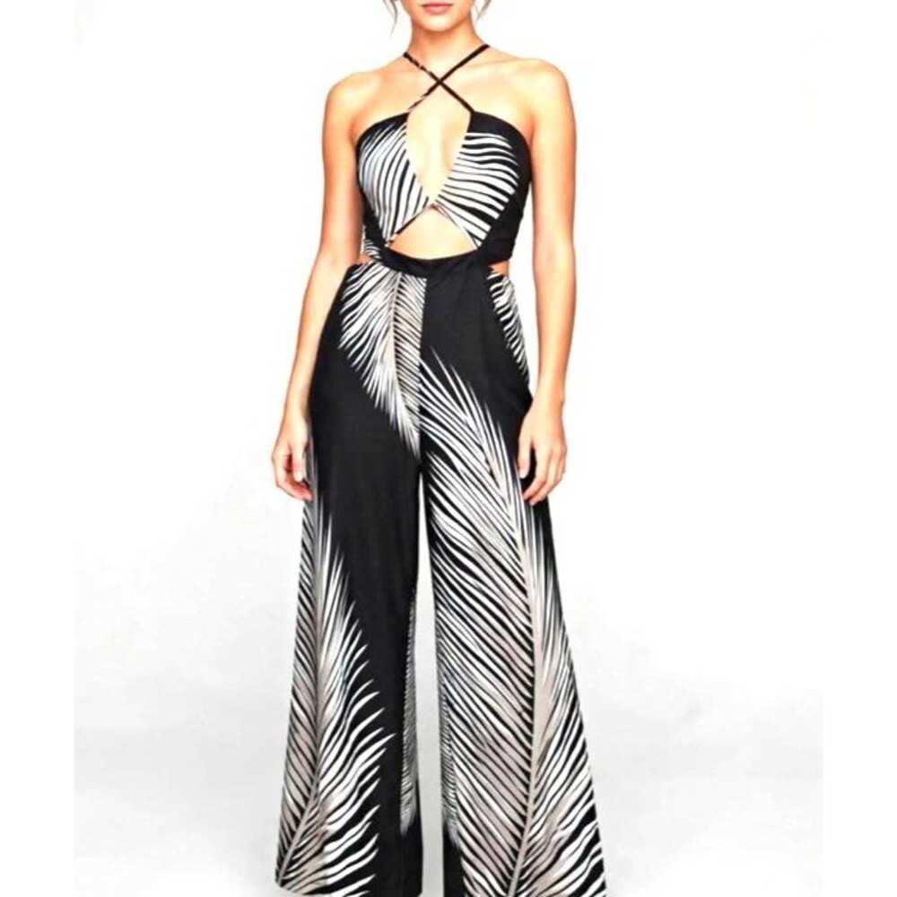 Y2K Womens Small Black & White Strappy Halter Backless Wide Leg Jumpsuit Boho